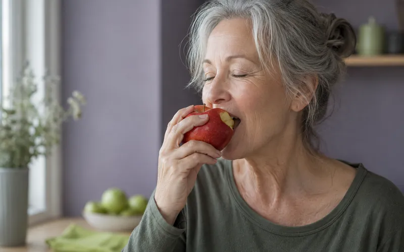 Woman with grey hair biting into a red apple with her eyes closed