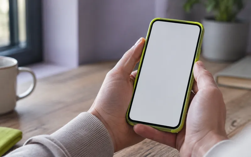 Hands holding a phone with a lime case at a wooden desk by a window