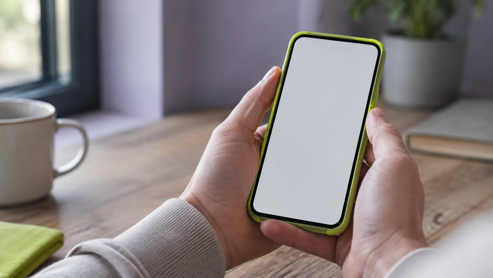 Hands holding a phone with a lime green case at a wooden desk