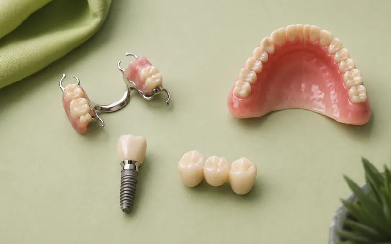 Dental implant, bridge, partial denture and full denture models on a lime green surface