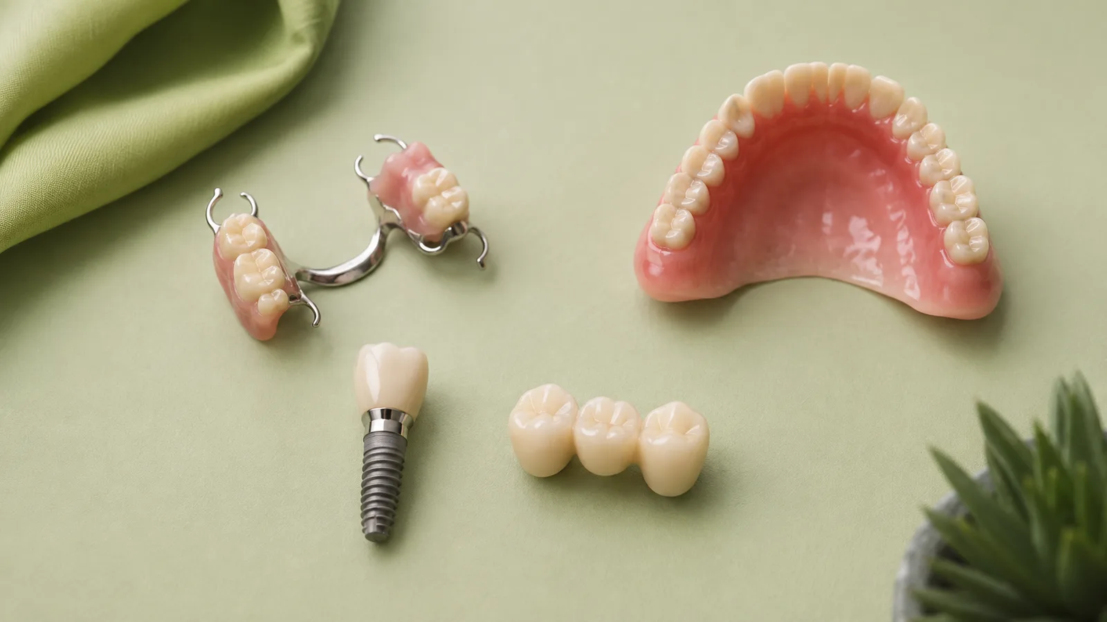Dental bridge and partial denture models on a green backdrop
